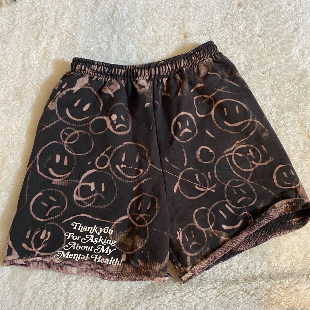 Mayfair the label “thanks for asking about my mental health” smiley face shorts